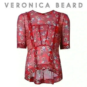 VERONICA BEARD Papyrus Pintuck Sheer Silk Chiffon Peplum Top in Rust